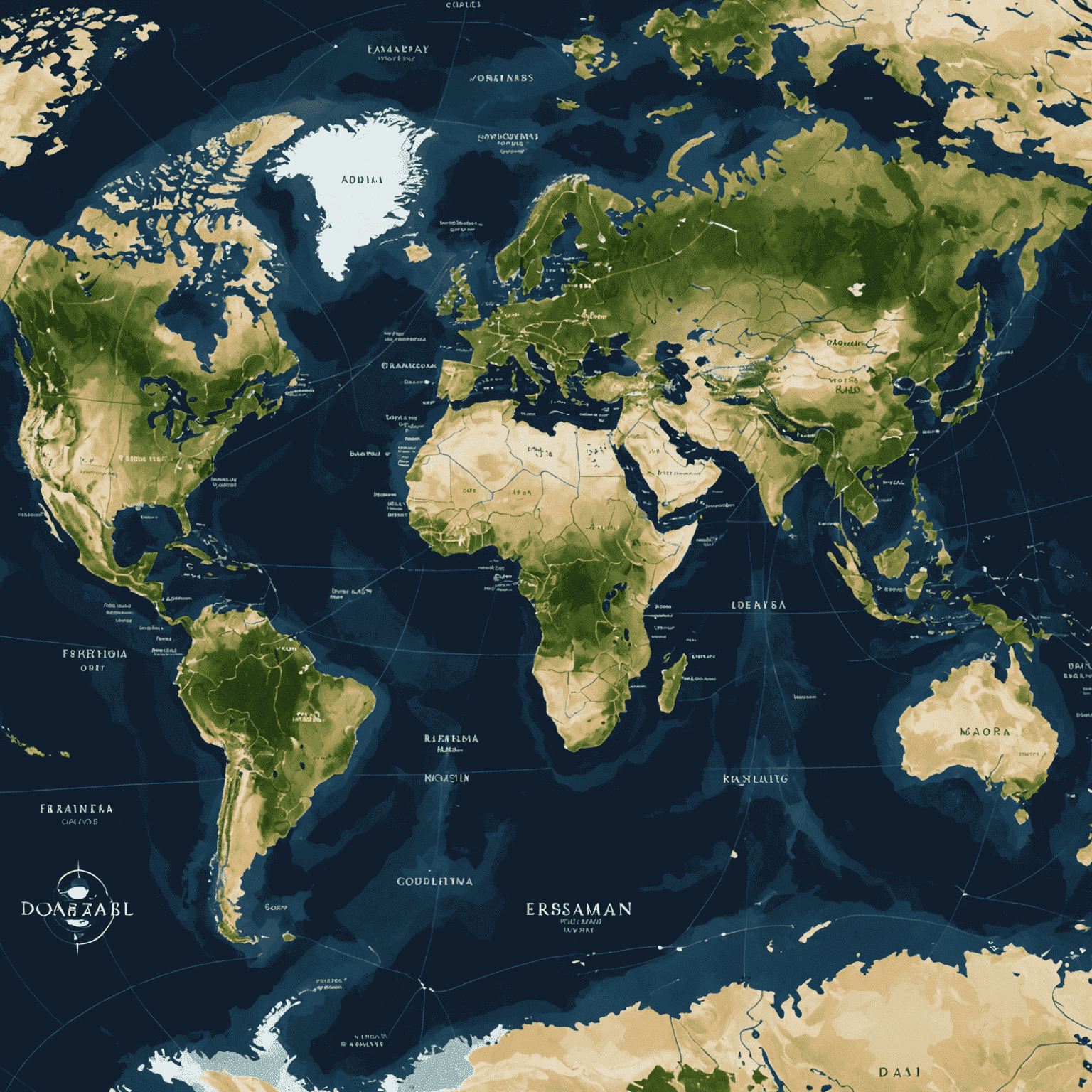 Mapa mundial que resalta las principales regiones productoras de petróleo y las rutas de comercio, utilizando tonos de índigo para diferenciar áreas y líneas de flujo